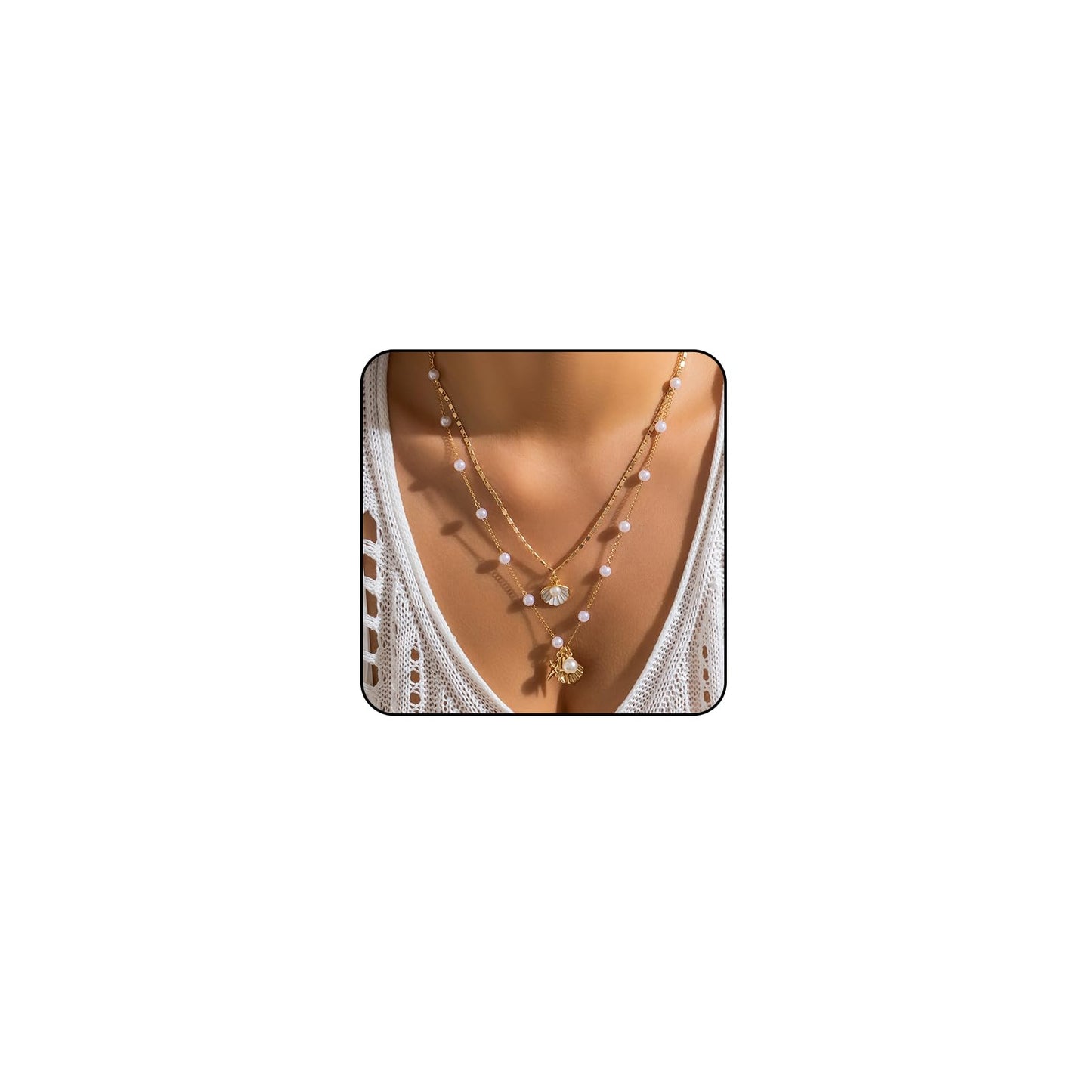 Layered Starfish Necklace Beach Jewelry for Women Seashell Cowrie Puka Shell Necklaces for Women Beach Necklace Turtle Beaded Choker Necklaces Ocean Jewelry (5 - Layered (white))