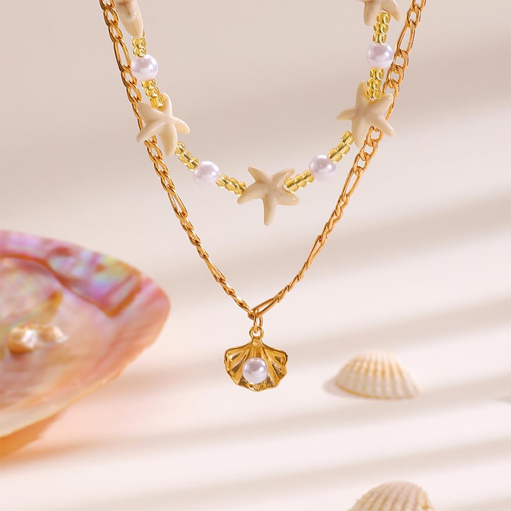 Dainty Starfish Pearl Beaded Choker Necklace, Layered Sea Shell Pearls Pendant Star Beads Necklaces for Women Chic Sweet Beach Coastal Party Jewelry Gift (Gold 2)