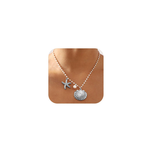 Gold Shell Necklace for Women Gold Seashell Starfish Pendant Necklace Shell Choker Pearl Beaded Chain Necklaces Summer Beach Jewelry (B Silver Style)