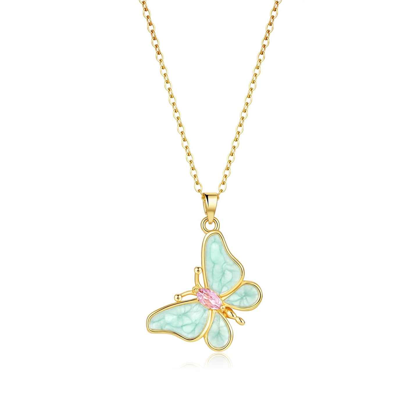 AUMRET Mint Green Enamel Lepidolite Butterfly Necklace For Women-Gold Plated Rose Quartz October Birthstone Necklace For Valentine's Day Mother's Day Christams Birthday Gifts