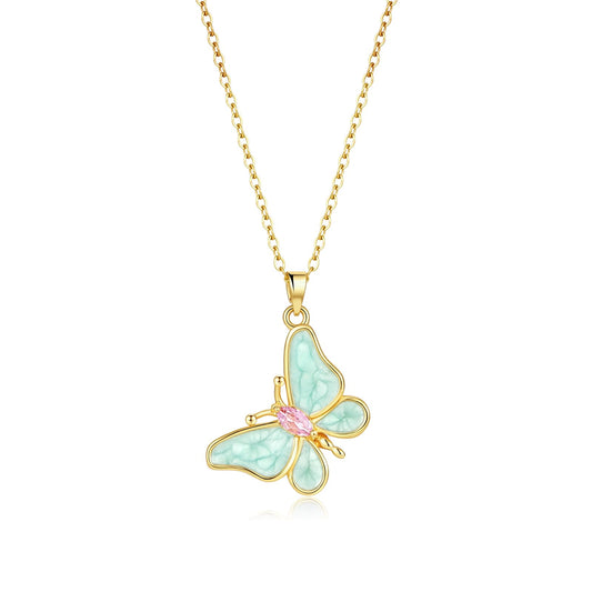 AUMRET Mint Green Enamel Lepidolite Butterfly Necklace For Women-Gold Plated Rose Quartz October Birthstone Necklace For Valentine's Day Mother's Day Christams Birthday Gifts