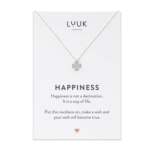 LUUK LIFESTYLE Clover necklace for women, shamrock pendant, stainless steel and HAPPINESS gift card, stylish and trendy jewelry, sign of happiness, new beginning, silver