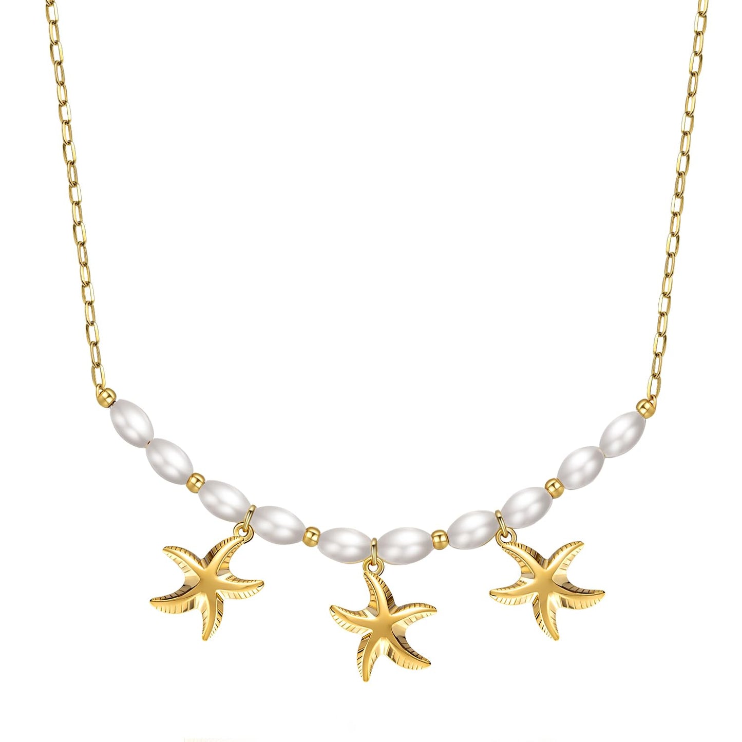 Starfish Necklace for Women: 14K Gold Plated 3-Piece Pendant with 10 Simulated Pearls on Stainless Steel Chain | Cute Boho Beach Jewelry Gift for Summer (Gold)