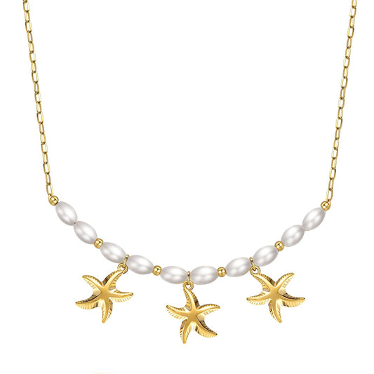 Starfish Necklace for Women: 14K Gold Plated 3-Piece Pendant with 10 Simulated Pearls on Stainless Steel Chain | Cute Boho Beach Jewelry Gift for Summer (Gold)