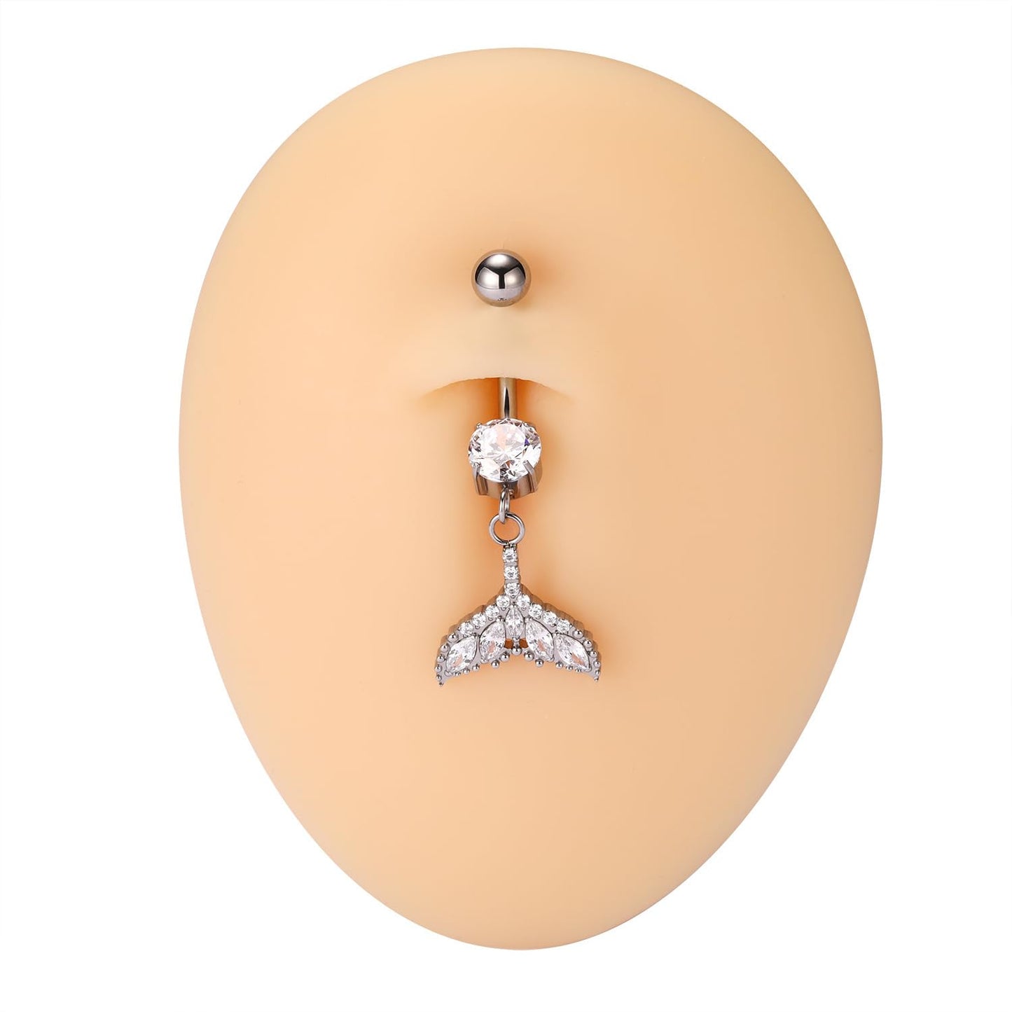 PEAKLINK Dangle Belly Jewelry 14G Internally Threaded Navel Piercing Silver Belly Button Ring 10mm for Women Titanium Curved Barbell with Fishtail CZ Navel Belly Bars