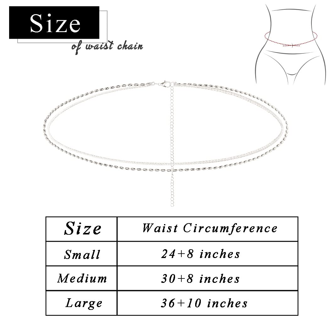 Wriidy Layered Silver Beaded Waist Chain Belly Chain Women Shiny Body Jewelry Accessories for Beach