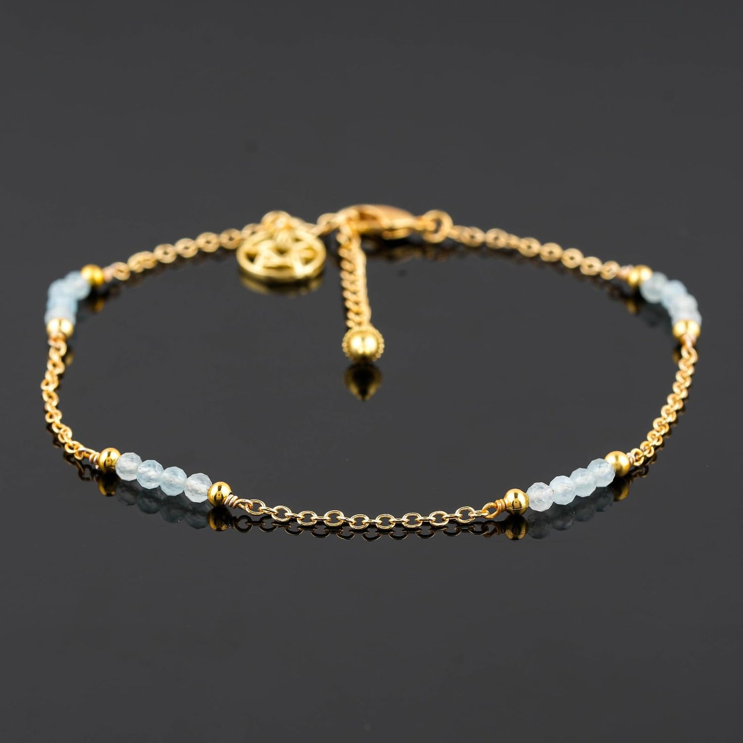 CRYSTALINES Natural Aquamarine Gemstone Beads, Handmade Station Dangle Star Charms Anklet, 14K Gold Plated, Adjustable Fashion Boho Jewelry for Women, Healing Crystals, Christmas Gift