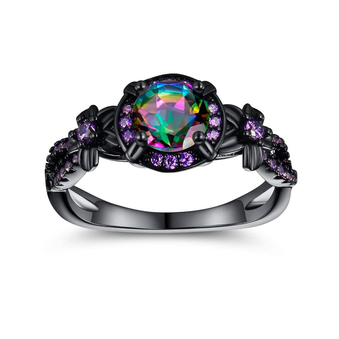 Women Eternity Rings 18K Black Gold Plated Rainbow CZ Created Amethyst Gemstone Wedding Engagement Band for Bride Dainty Jewelry Gifts (10)