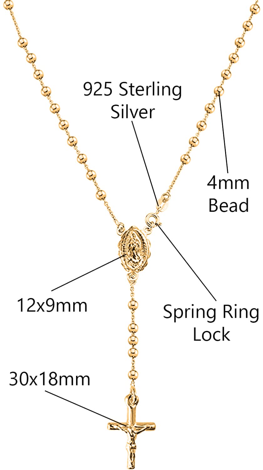 Savlano 925 Sterling Silver Italian Solid Bead Chain Cross & Rosary Virgin Mary Pendant -18K Gold Plated Y Necklace Comes With Gift Box for Women - Made in Italy (24, 4mm)