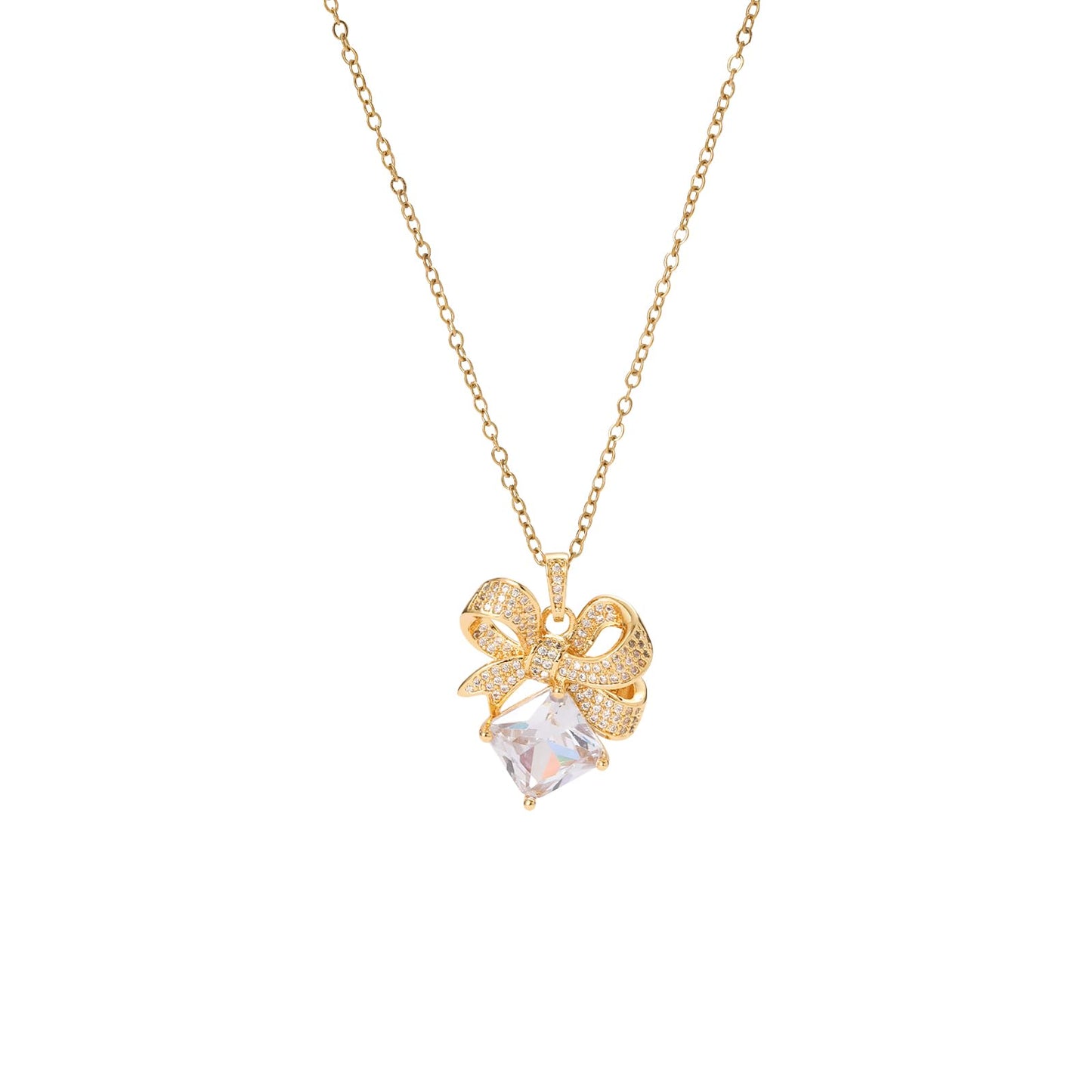 Square April Birthstone Diamond Bow Necklace for Women-Gold Plated Healing Crystal Imitation Diamond Pendant Waterproof Non Tarnish Jewelry For Birthday Valentines Day Mother's Day Christmas Thanksgiving Gifts