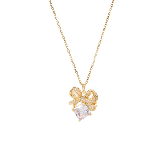 Square April Birthstone Diamond Bow Necklace for Women-Gold Plated Healing Crystal Imitation Diamond Pendant Waterproof Non Tarnish Jewelry For Birthday Valentines Day Mother's Day Christmas Thanksgiving Gifts