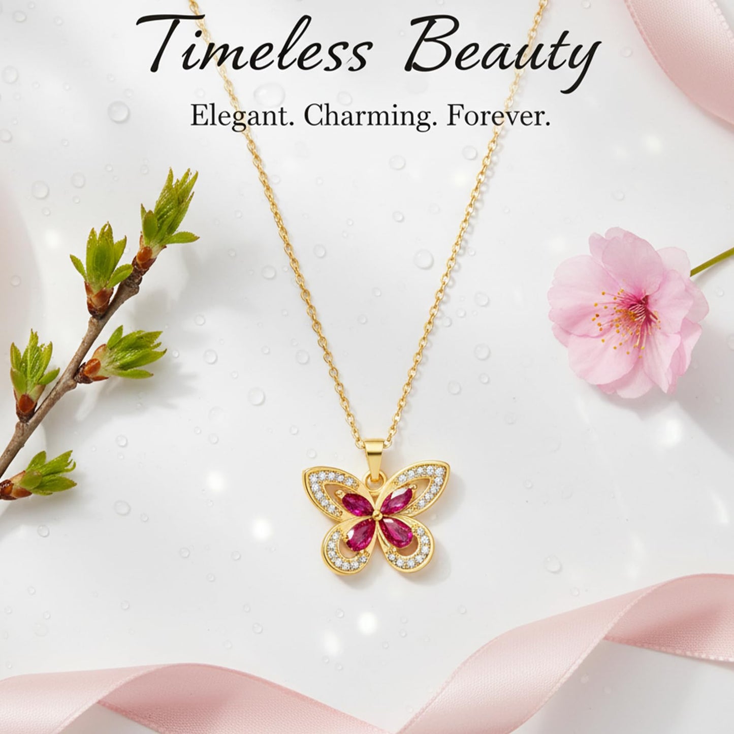crataly Ruby Butterfly Necklace For Women-Gold Plated July Birthstone Necklace For Valentine's Day Mother's Day Christams Birthday Gifts