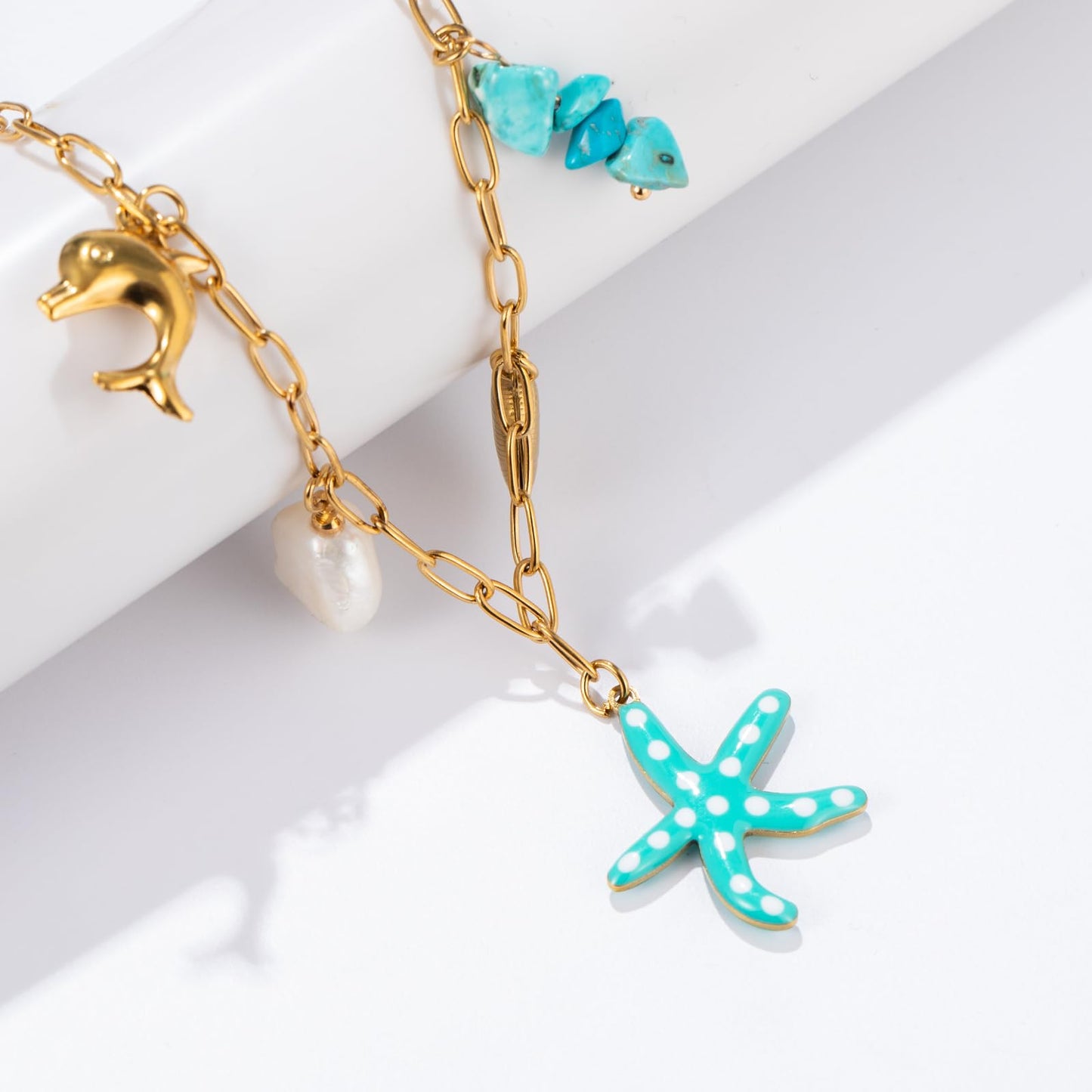 Chunky Gold Necklace Statement Boho Beach Ocean Summer Stainless Steel Jewelry Shell Starfish Turquoise Dolphin Pearl Sun Flower Wave Heart Fish Charm Choker Necklaces for Women(Teal)