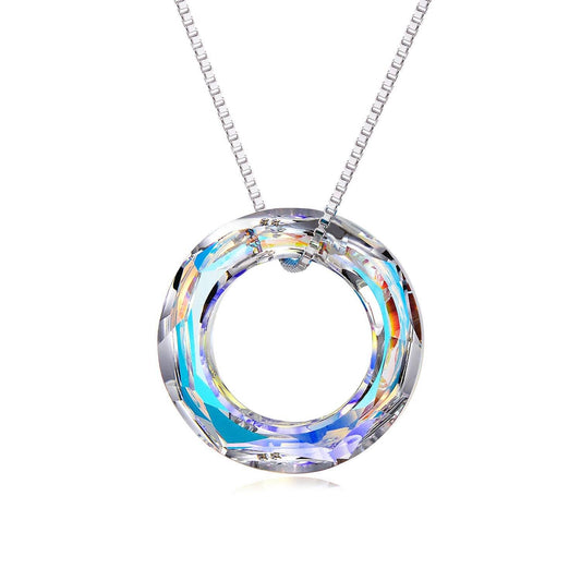 AOBOCO 925 Sterling Silver Circle Necklace with Austrian Crystal, Jewelry for Women Birthday Gift Christmas Holiday Gift（Dia 0.55" Circle AB）