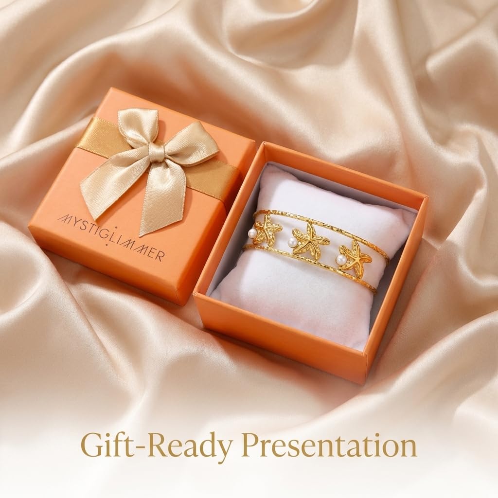 MystiGlimmer Starfish Bracelet with Luxury Gift Box 18K Gold Plated Stainless Steel, Adjustable Open Cuff, Waterproof & Hypoallergenic Jewelry Gift for Women (3Starfish)