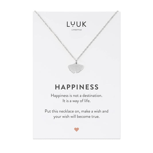 LUUK LIFESTYLE Necklace for women in stainless steel with ginkgo leaf pendant and HAPPINESS gift card, gift idea, 19” chain length, symbol of nature and serenity, zen jewelry for women, silver