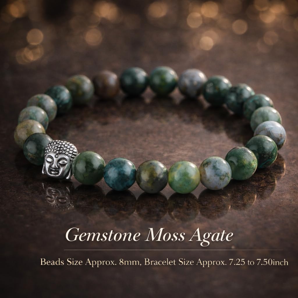 CRYSTALINES Buddha Charm Stretchable Braceclet, Natural Moss Agate Gemstone Beads, Plain Round Stones, Handmade Boho Strech Bracelet, Adjustable Spiritual Healing Crystal Unisex Jewelry Gift