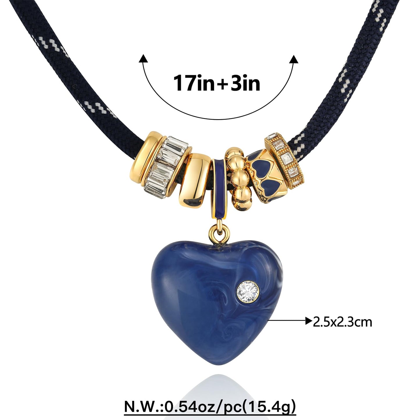 MYCUTEY Navy Blue Heart Necklace for Women Adjustable Blue Cord Choker with Gold Plated Beaded Statement Heart Pendant Rope Charm Necklace Trendy Summer Lapis Lazuli Jewelry Gifts