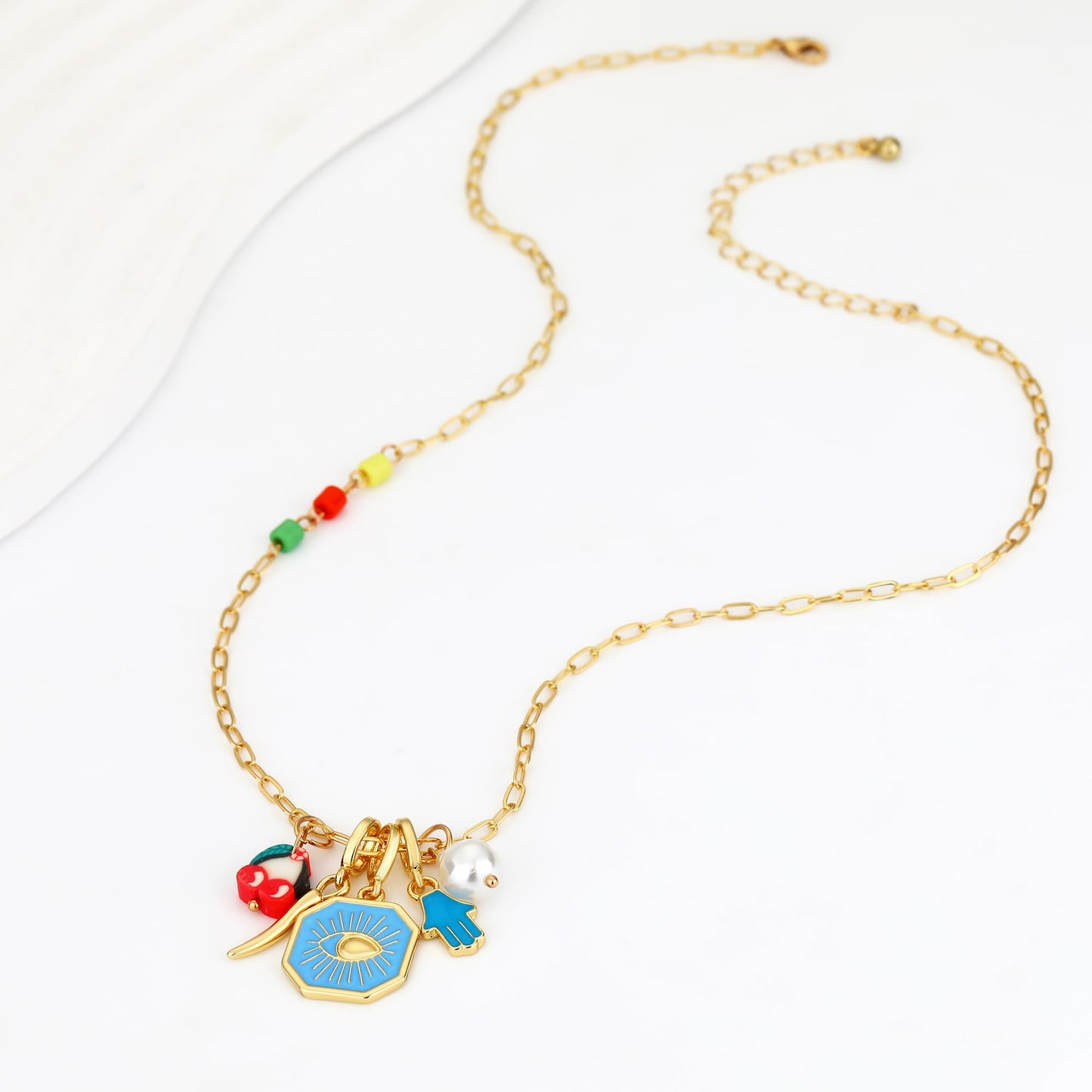 BONJOULRY Charm Necklace for Women Dainty Gold Evil Eye Pendant Protection Necklace Paperclip Chain Italian Horn Hamsa Hand Pearl Charms Necklaces Trendy Jewelry Blue