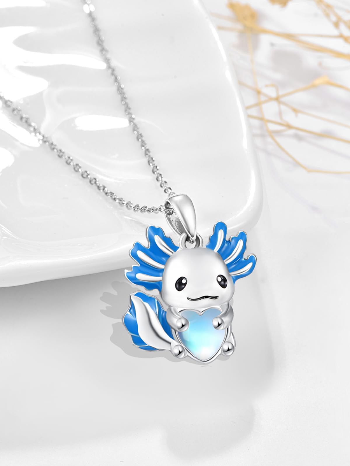 Dreamboat Blue Axolotl Pendant Necklace for Women 925 Sterling Silver Moonstone Axolotls Animal Jewelry Gifts