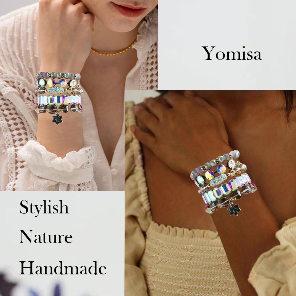 Yomisa Boho Bracelets for Women,Multilayer Wrap 5PCS Bling Colorful Beaded Bracelets Handmade Shiny Stackable Friendship Stretchy Beads Bracelets Set Punk Trendy Bohemian Jewelry Gift