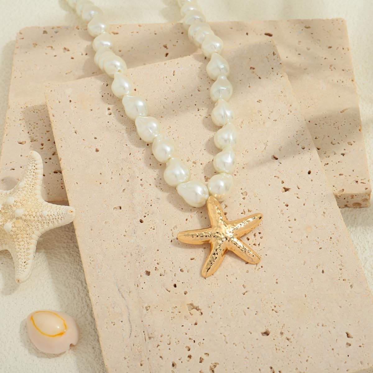 INNERDIVA Starfish Necklace for Women, Gold-Plated Pendant with White Baroque Pearl Beads Adjustable Beach Necklace Summer Coastal Jewelry Gifts
