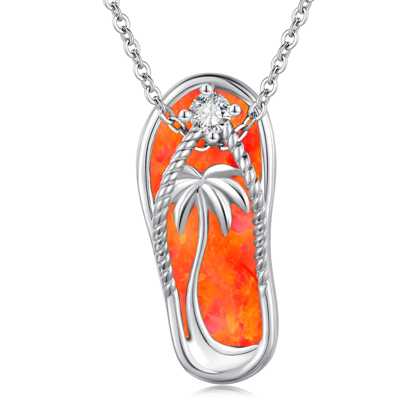 Midir&Etain Fire Opal Flip Flop Necklace 925 Sterling Silver Beach Palm Tree Pendant Hawaiian Necklace Flip-Flop Beachy Fire Opal Jewelry for Women