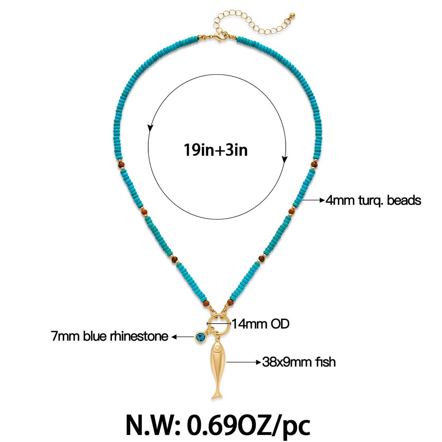 MYCUTEY Cute Fish Necklace For Women Blue Beaded Strand With a Gold Fish Pendant Adjustable Beaded Necklace Summer Beach Turquoise Jewelry