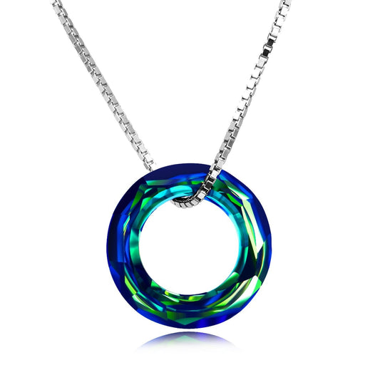 AOBOCO Circle Crystal Necklace 925 Sterling Silver Blue Crystal Pendant Necklace for Women with Austrian Crystals Jewelry for Women Christmas Birthday Holiday Gifts (Dia 0.55" Circle Blue)