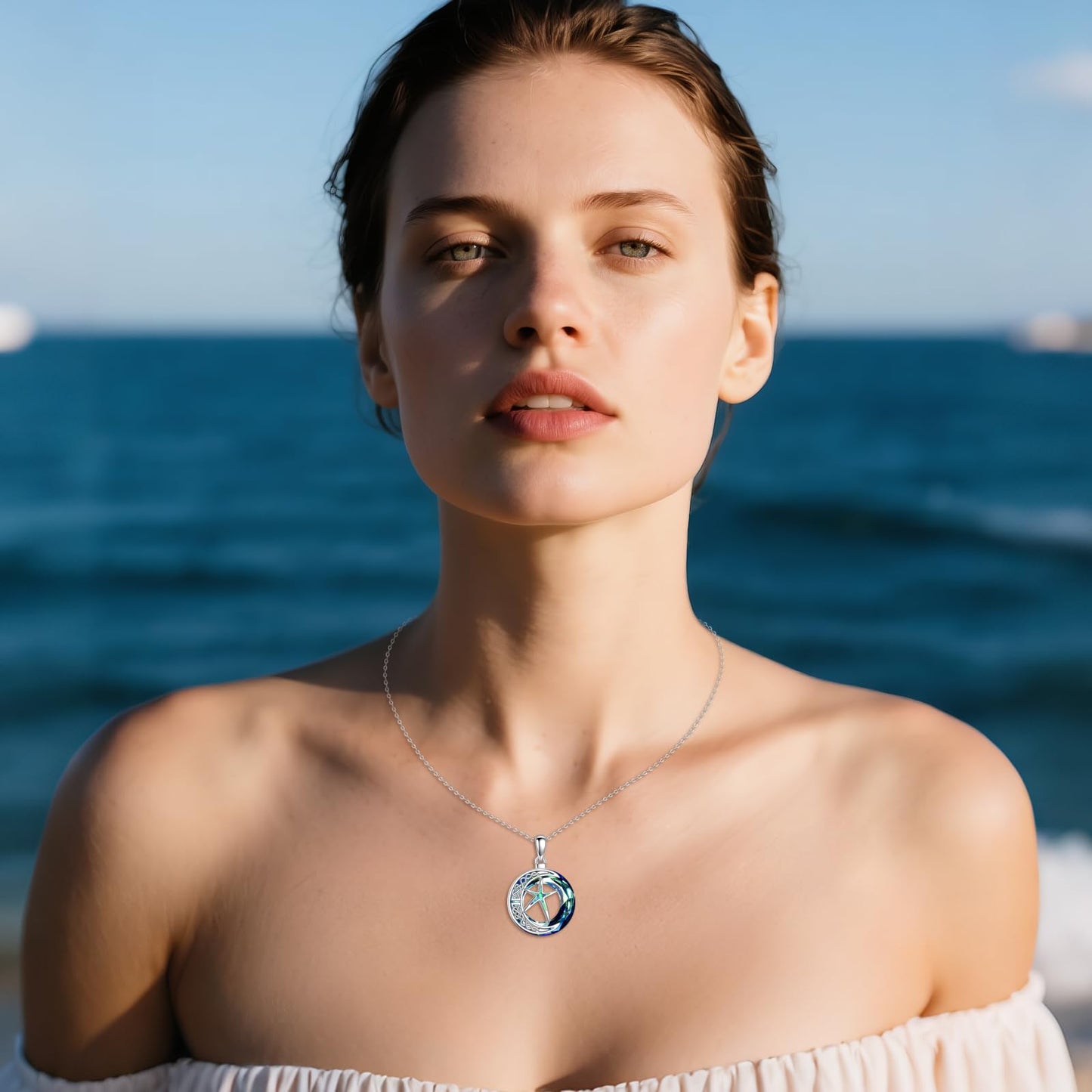 MONGAS Starfish Necklace 925 Sterling Silver Seashell Necklace Created Opal Pendant Seashell Jewelry Starfish Gifts for Women Mom