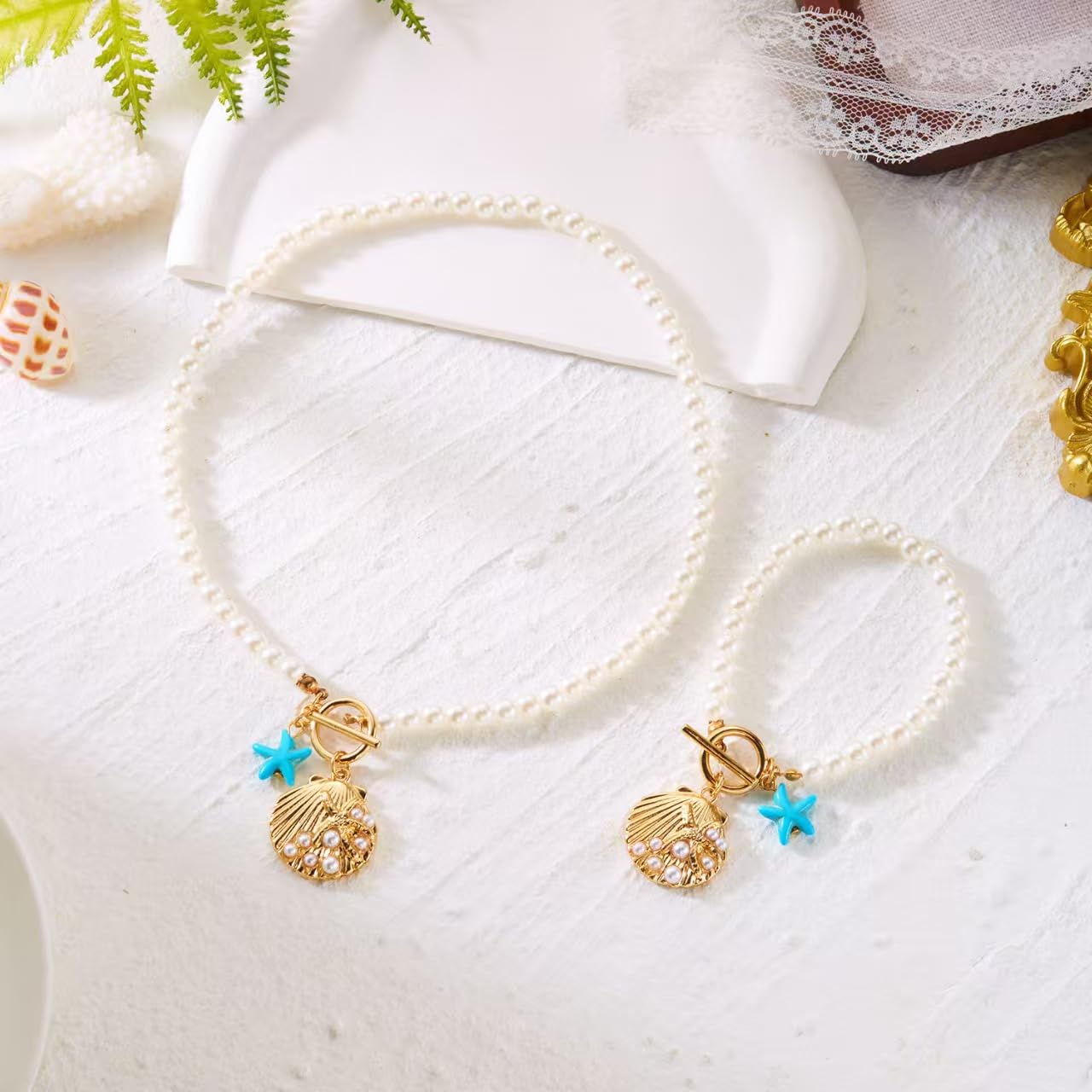 FemmeFeast Pearl Shell Jewelry Set for Women OT Buckle Closure Necklace and Bracelet Ocean-Themed Set with Starfish & Seashell Charms Beach Holiday Jewelry Gift (A-Pearl)