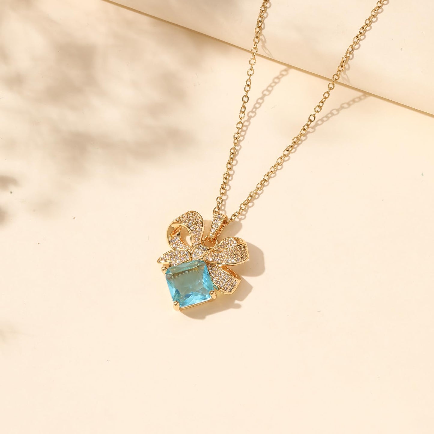 Blue Square March Birthstone Aquamarine Bow Necklace for Women-Gold Plated Healing Crystal Imitation Aquamarine Jewelry Waterproof Non Tarnish Jewelry For Birthday Valentines Day Mother's Day Christmas Thanksgiving Gifts