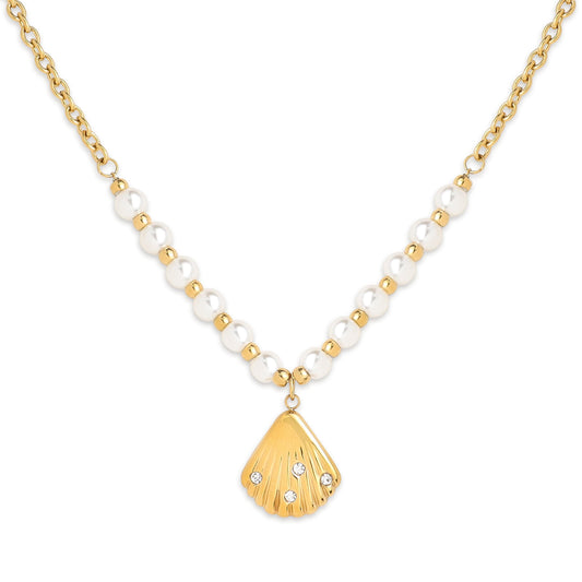 Frigotine Gold Shell Pendent Pearl Beaded Necklace for Women, Dainty Statement Seashell Textured Adjustable Chain Choker Summer Beach Jewelry Gifts