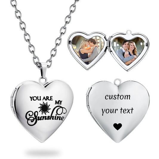PHOCKSIN Silver Heart Locket Necklace You Are My Sunshine Personalized Love Heart Necklace that Holds Pictures Customized Gifts Locket Necklaces for Birthday