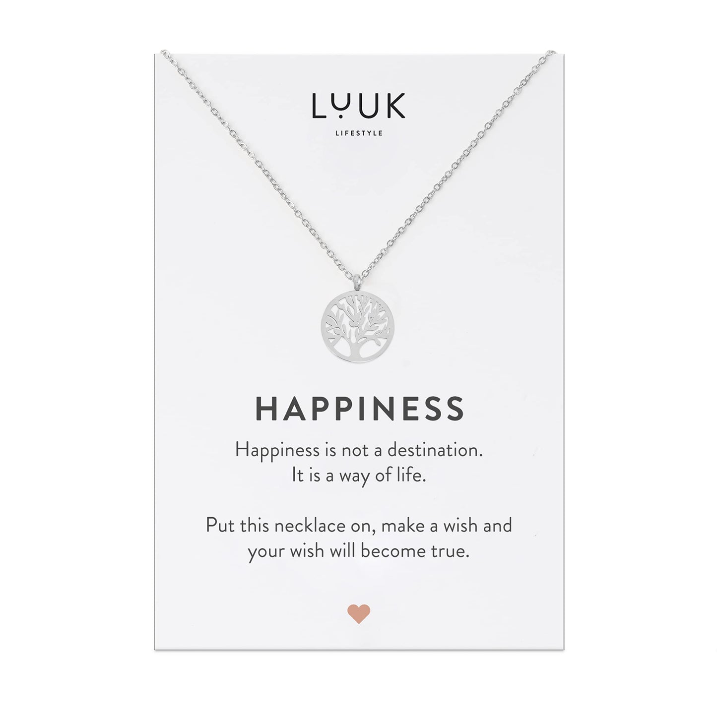 LUUK LIFESTYLE Feminine necklace in stainless steel with Tree of Life pendant and HAPPINESS gift card, trendy jewellery for women, 19” length, nature lovers, meditation zen motif, yoga jewel, silver