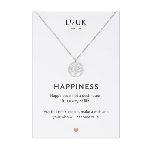LUUK LIFESTYLE Feminine necklace in stainless steel with Tree of Life pendant and HAPPINESS gift card, trendy jewellery for women, 19” length, nature lovers, meditation zen motif, yoga jewel, silver