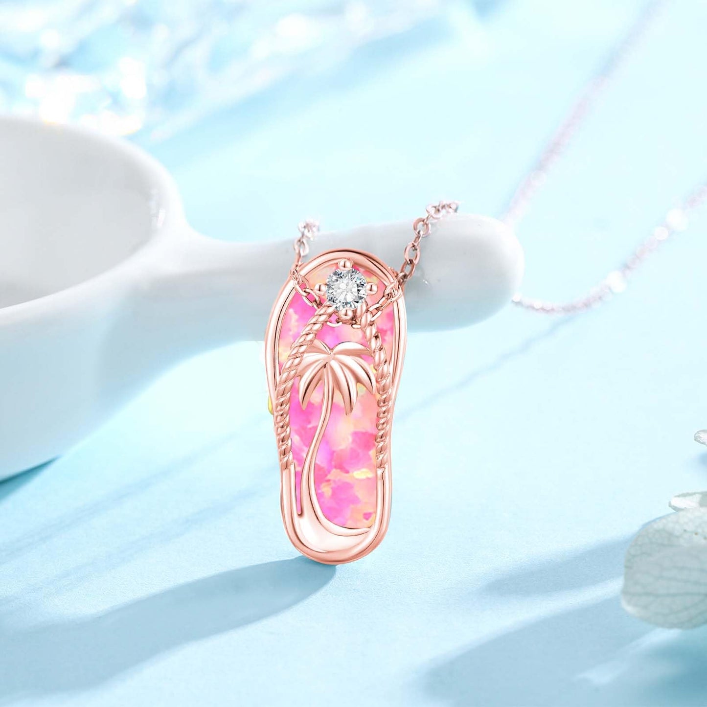 Midir&Etain Pink Opal Flip Flop Necklace 925 Sterling Silver Rose Gold Plated Palm Tree Pendant Beach Necklace Flip Flop Opal Jewelry for Women