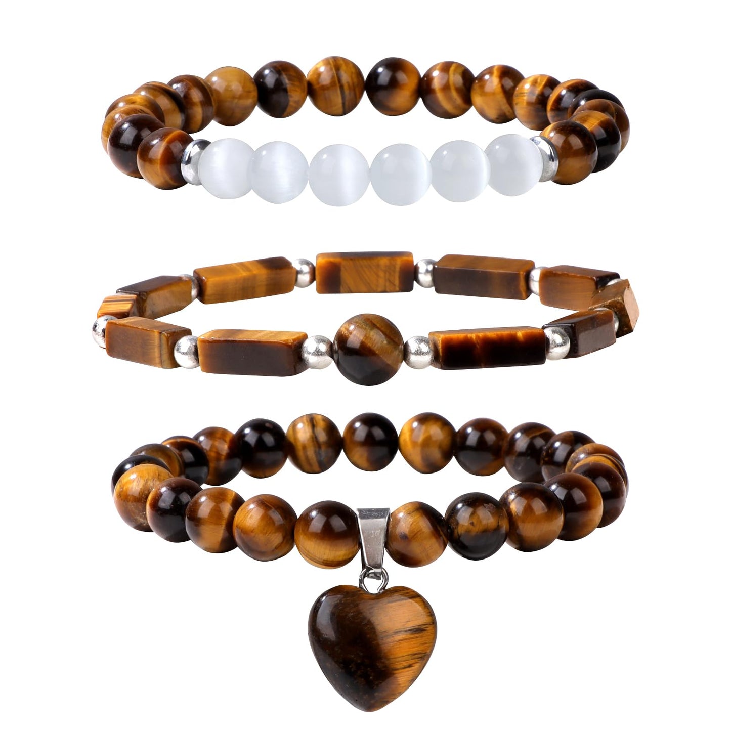 Vinswet Healing Crystal Beaded Bracelets for Women,Natural Tiger eyes Moonstone Gemstones Bracelet,Anxiety Stress Relief Heart Charm Bracelet Handmade yellow Jewelry Gifts for Women (3pcs)