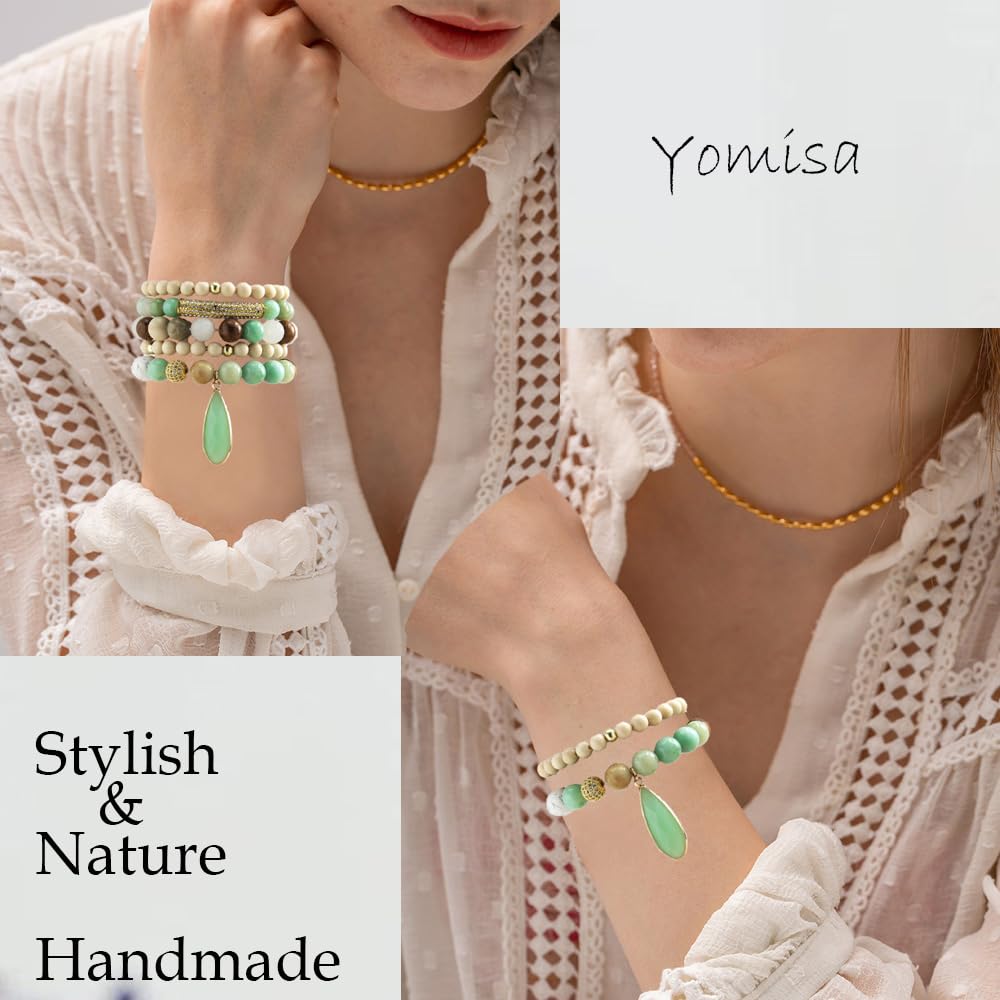 Yomisa Boho Beaded Bracelets for Women,Multilayer Wrap 5PCS Healing Natural Stone Agate Bead Bracelets Handmade Stackable Friendship Stretchy Beaded Bracelet Set Trendy Bohemian Jewelry Gift for Women