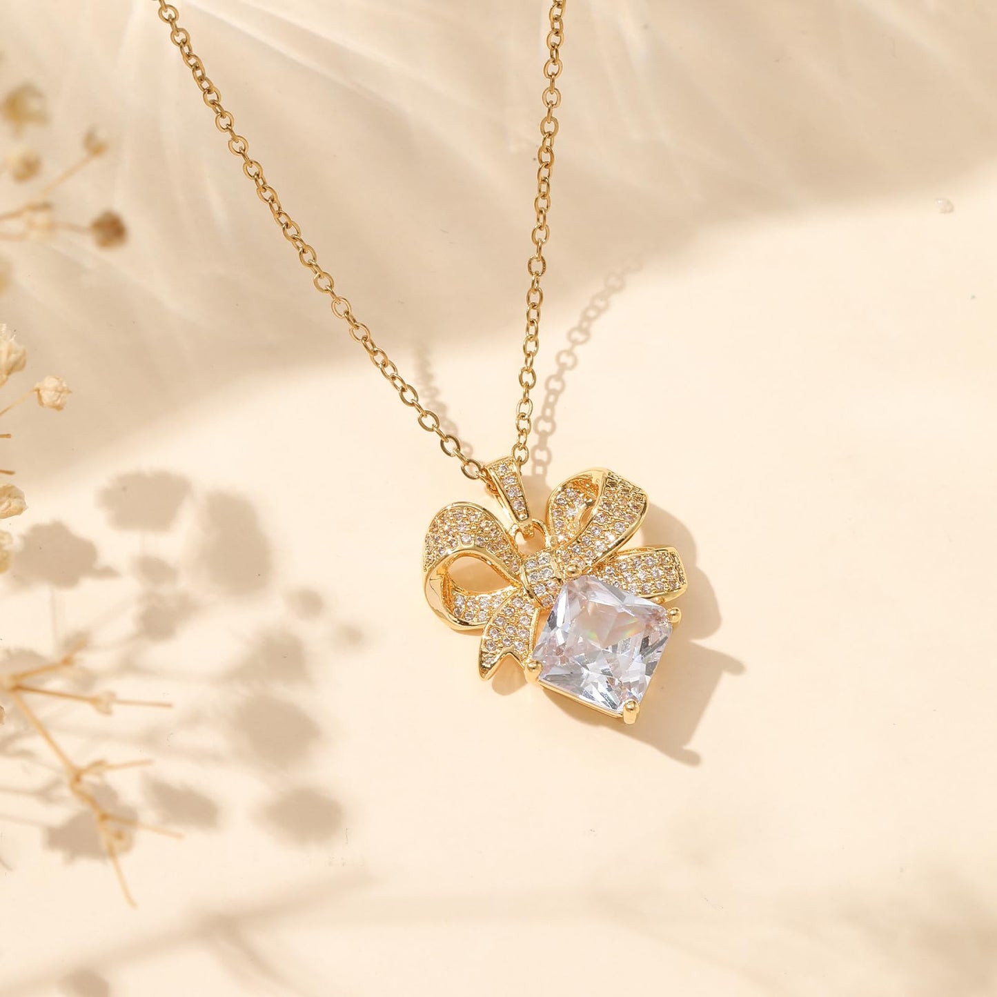 Square April Birthstone Diamond Bow Necklace for Women-Gold Plated Healing Crystal Imitation Diamond Pendant Waterproof Non Tarnish Jewelry For Birthday Valentines Day Mother's Day Christmas Thanksgiving Gifts