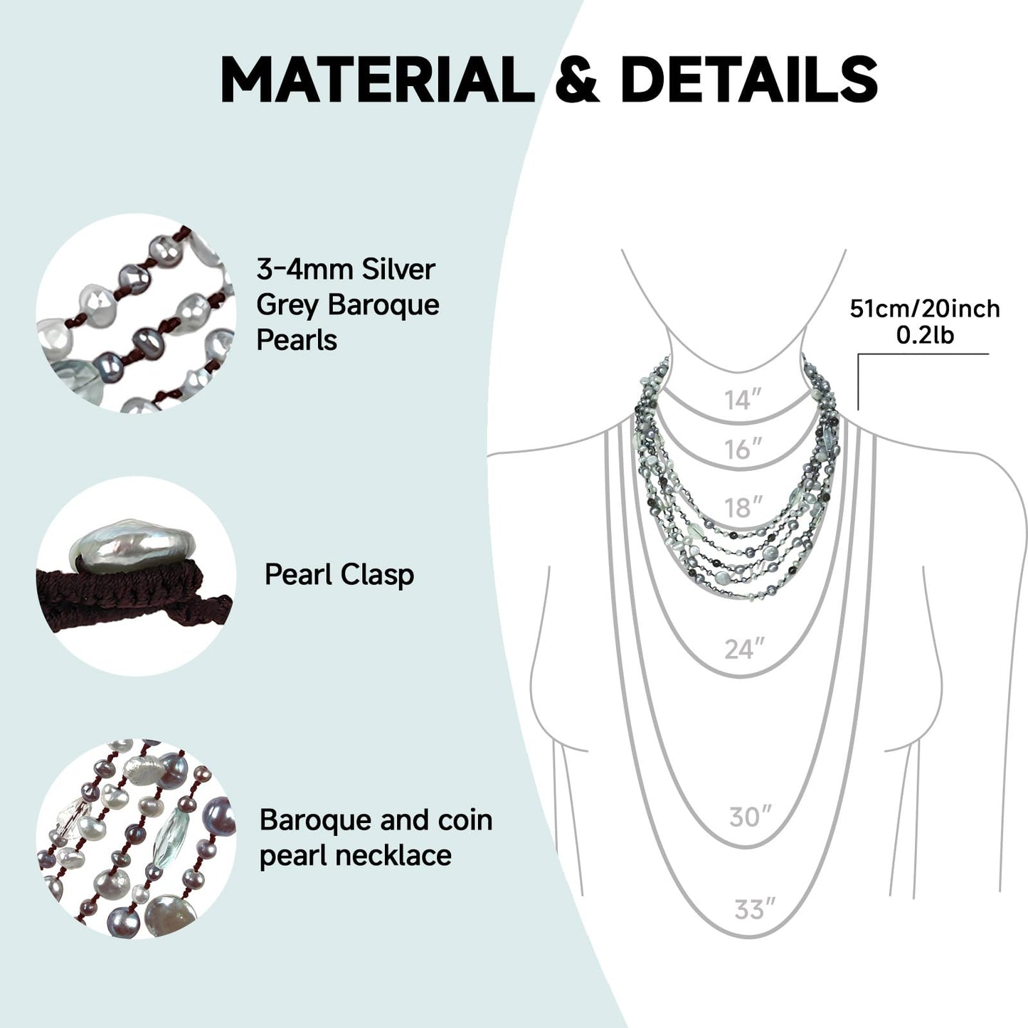 Handmade Silver Grey Baroque Pearl Necklace – Multistrand Freshwater Pearls & Sea Green Crystal, Pearl Clasp Beaded Charms Baroque Luxury Jewelry Gift