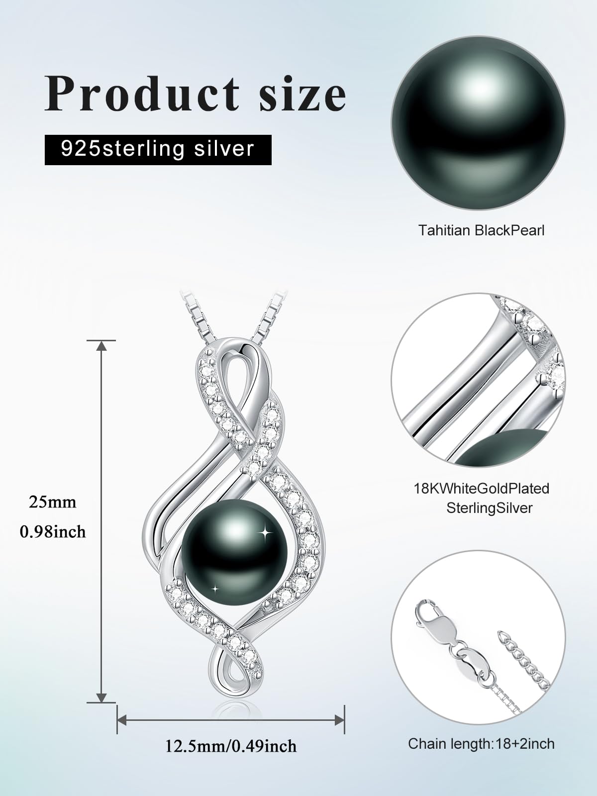 KANNSOAR 8MM Tahitian Black Pearl Necklace 18K Gold-Plating Sterling Silver Fine Jewelry Wedding Birthday Anniversary Valentines Day Christmas Mothers Day Gifts for Wife Women Mom Lover Girlfriend Her