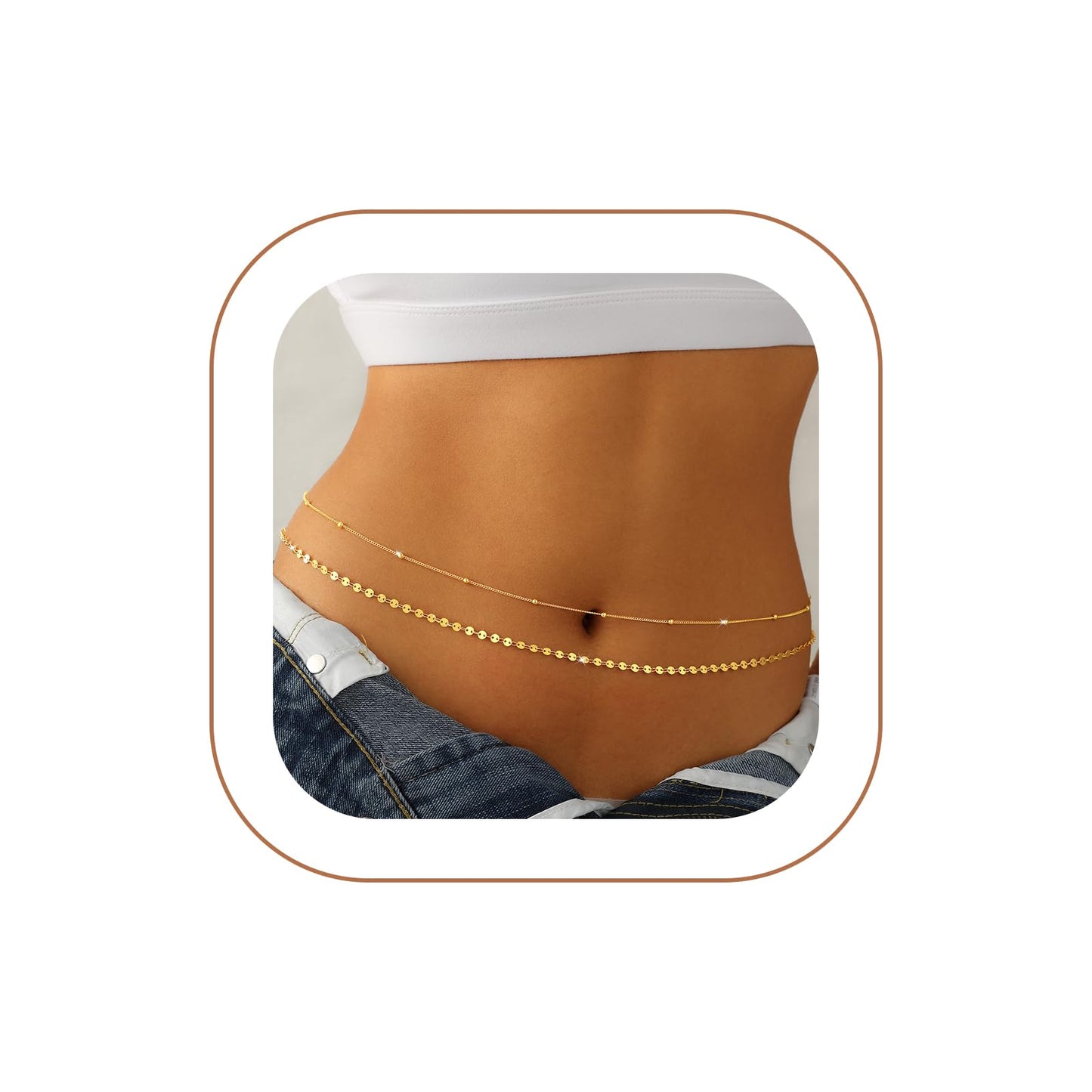 JIKASI 14K Gold Plated Waist Chain for Women Dainty 2Pcs Layered Belly Chain Beaded Sequin Disc Body Chain Belt Set Waterproof Summer Beach Bikini Jewelry Accessories Adjustable Waist Beads Gift