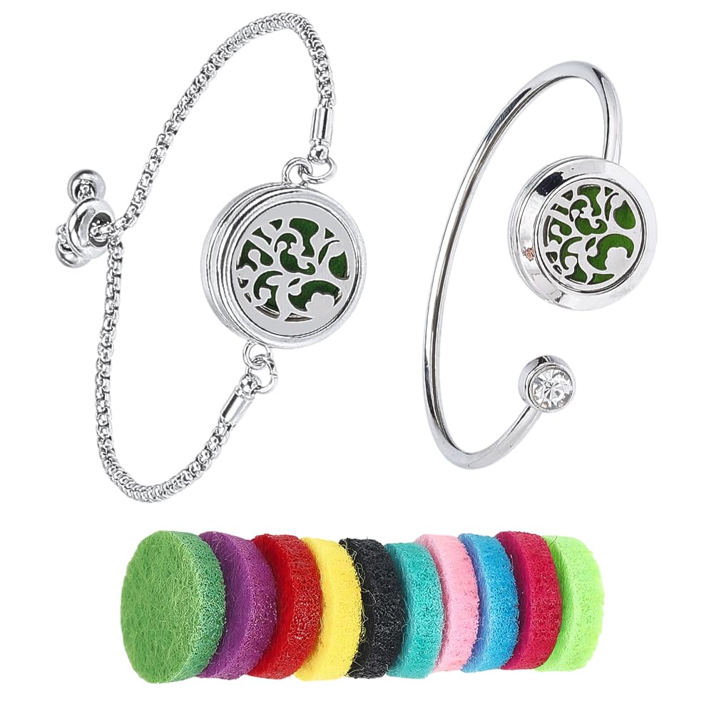 SUNNYCLUE 1 Box 2 Sets Tree of Life Essential Oil Bracelet Blank Bangles bulk with 10Pcs Refill Pads Stainless Steel Aromatherapy Diffuser Locket Adjustable Band Jewelry for Women Birthday Gifts Adult