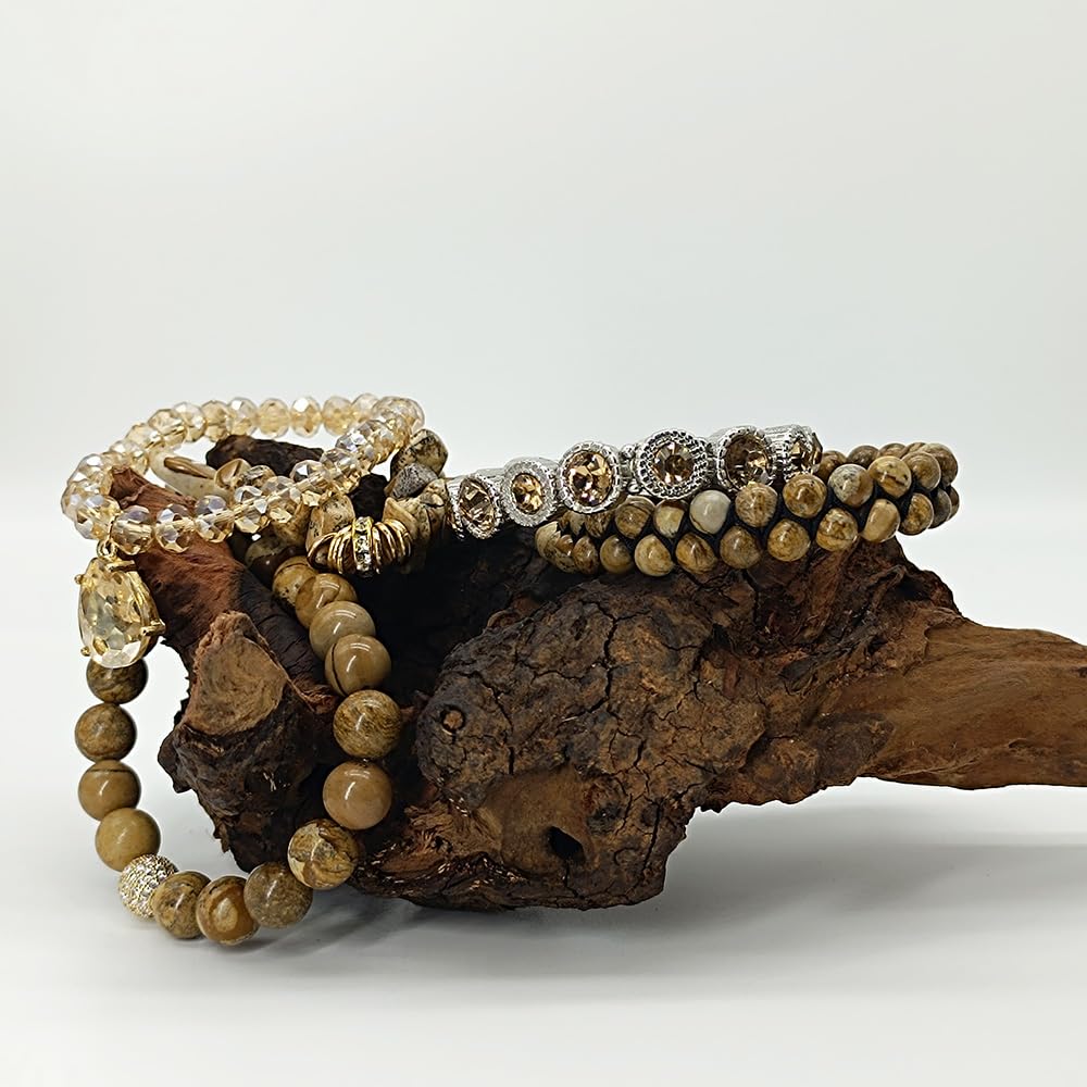 Yomisa Boho Beaded Bracelets for Women,Multilayer Wrap 5PCS Healing Natural Jasper Stone Bead Bracelets Handmade Stackable Friendship Stretchy Beaded Bracelet Set Trendy Bohemian Jewelry Gift Women