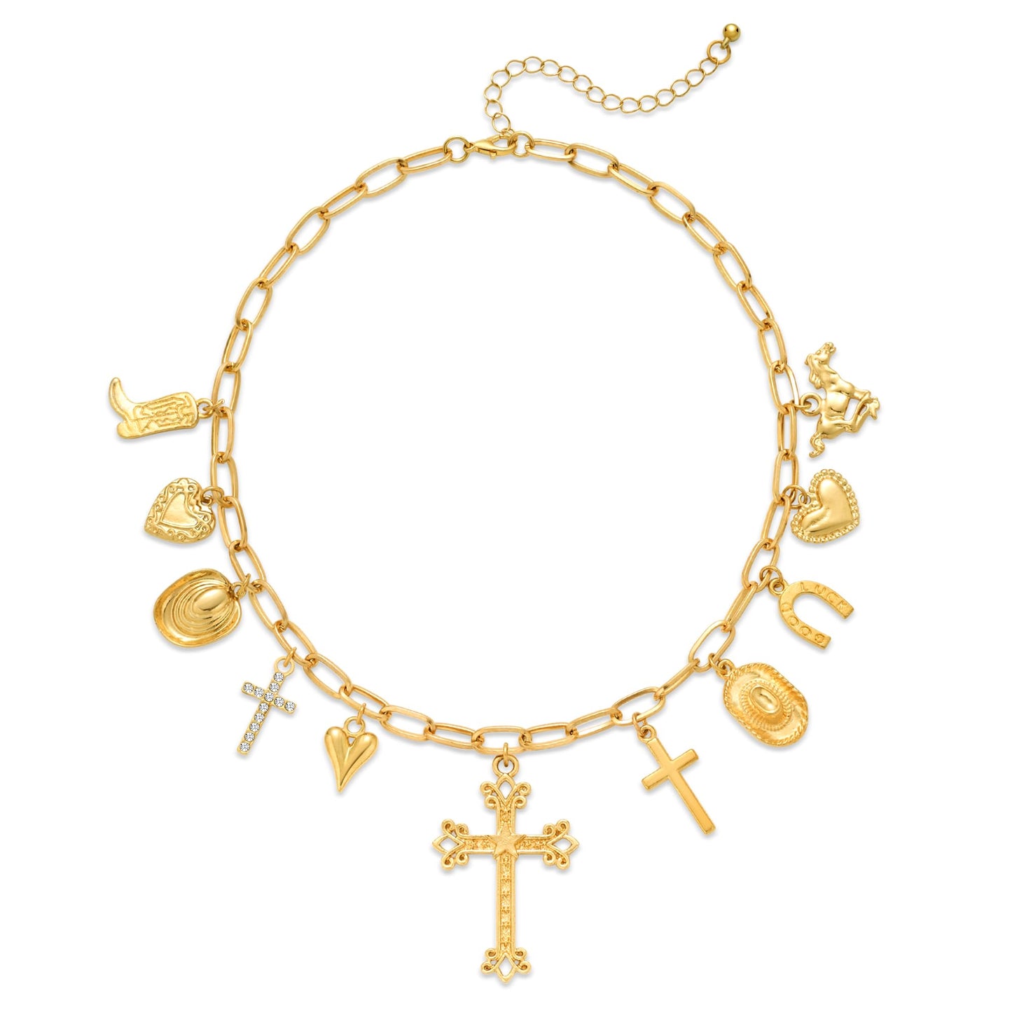YUJIE Western Cowgirl Charm Necklace for Women Gold Plated Chunky Chain Cowboy Boot Cross Pendant Necklaces for Country Fashion Western Lovers
