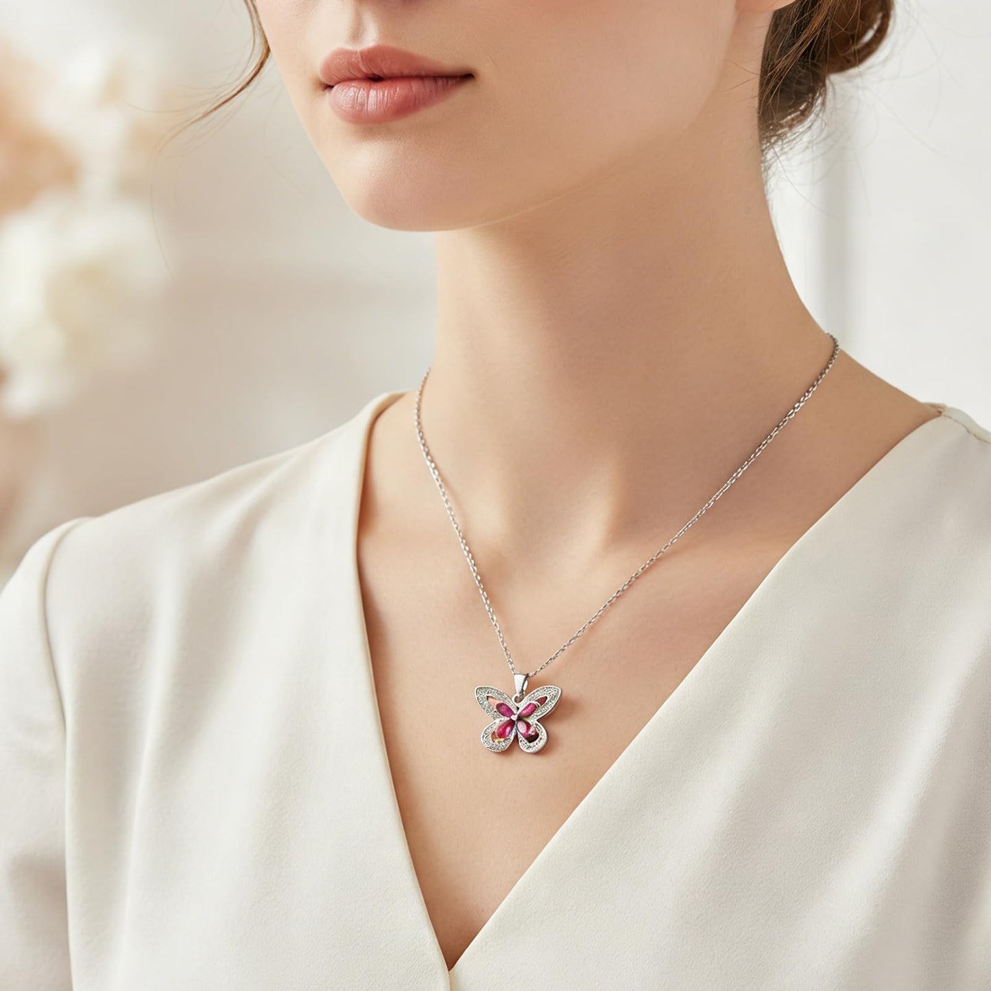crataly Ruby Butterfly Necklace For Women-Silver Plated July Birthstone Necklace For Valentine's Day Mother's Day Christams Birthday Gifts