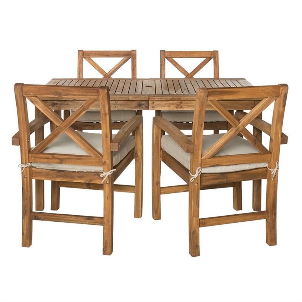 Walker Edison Delray Classic 5 Piece Acacia Wood Outdoor Dining Table and X-Back Chair Set with Cushions, Set of 5, Brown