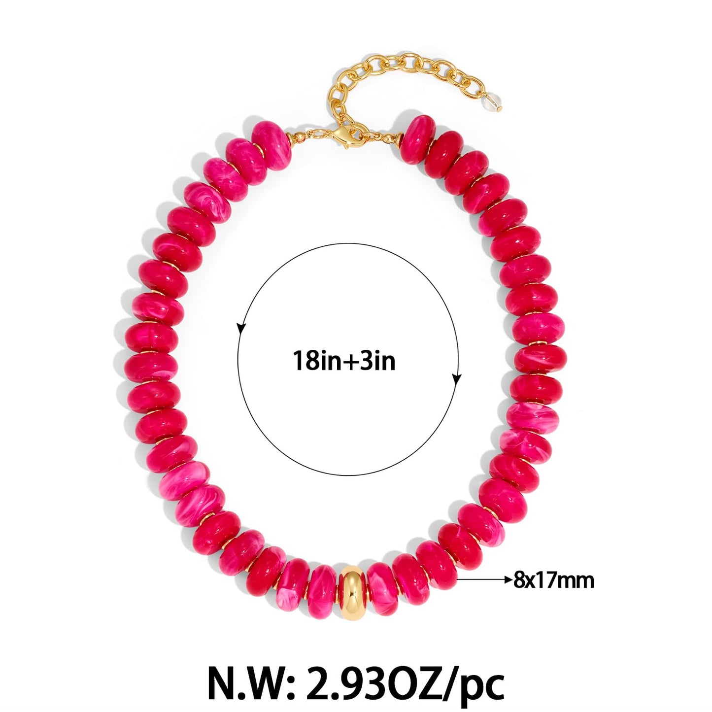 FAUTHENTICUTE Hot Pink Beaded Choker Necklace For Women Large Fuchsia Red Bead Strand With Gold Accent Adjustable Chunky Collar Statement Trendy y2k Necklace for Summer Beach Boho Jewelry Gift
