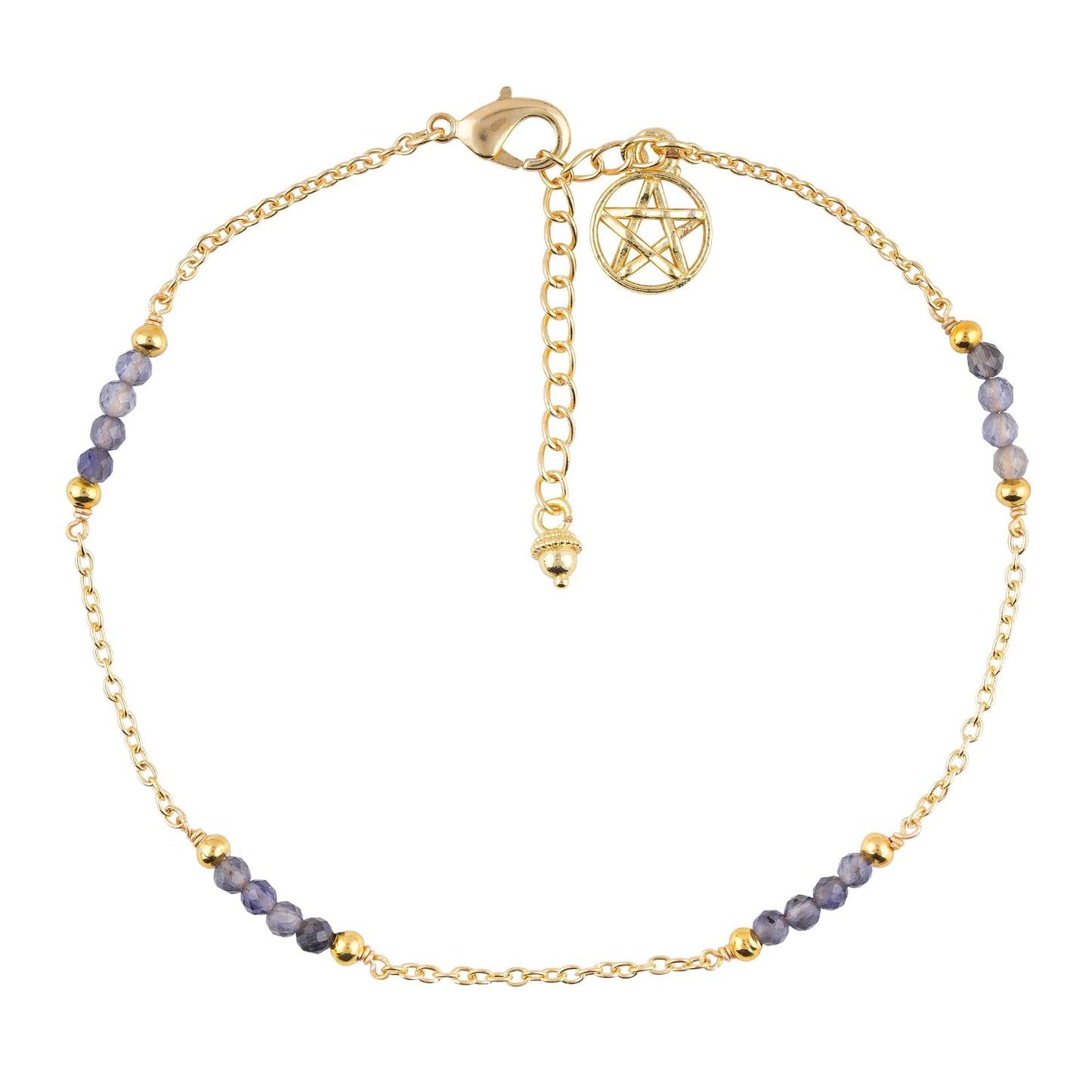 CRYSTALINES Natural Blue Iolite Gemstone Beads, Handmade Station Dangle Star Charms Anklet, 14K Gold Plated, Adjustable Fashion Boho Jewelry for Women, Healing Crystals, Christmas Gift